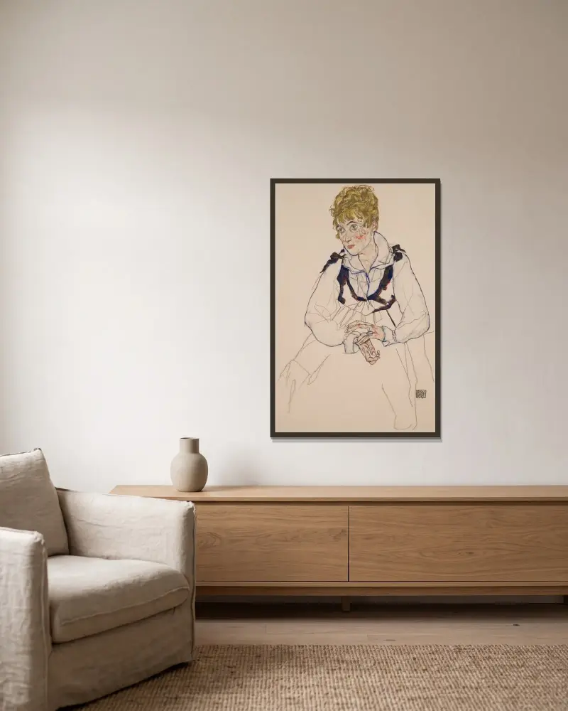 Die Frau des Künstlers, sitzend Edith Schiele av Egon Schiele inramad på en vägg