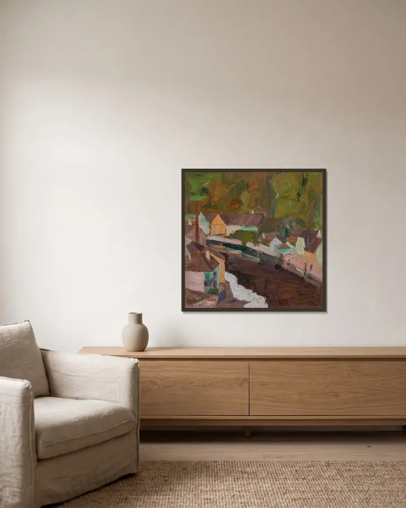 Dorf am Fluss II av Egon Schiele inramad på en vägg