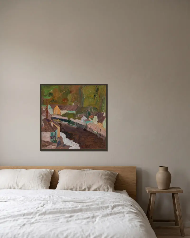 Dorf am Fluss II av Egon Schiele inramad på en vägg