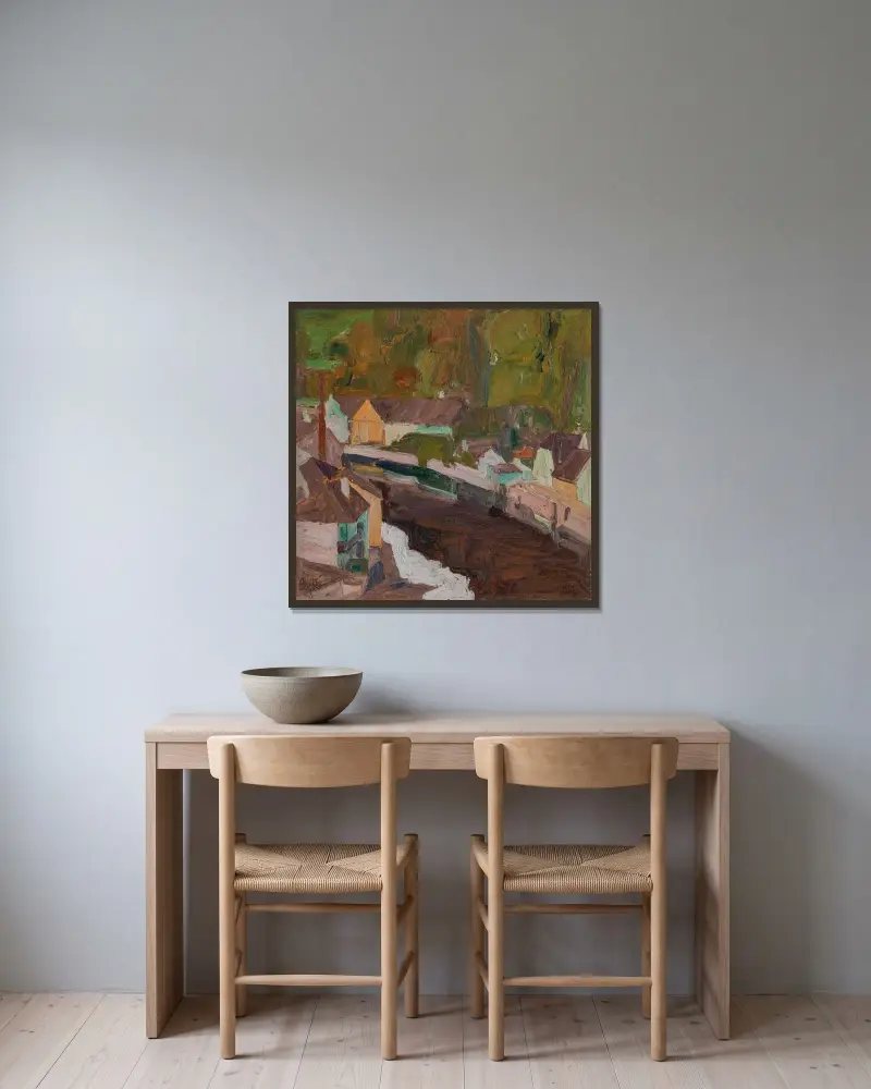 Dorf am Fluss II av Egon Schiele inramad på en vägg