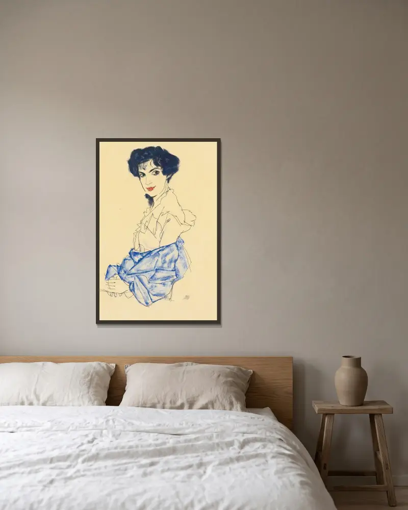 Elisabeth Lederer, Seated With Hands Folded av Egon Schiele inramad på en vägg