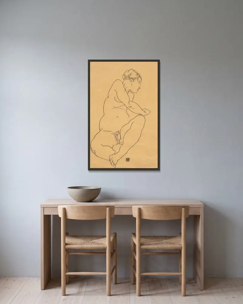 Female Nude Bending to the Left av Egon Schiele inramad på en vägg