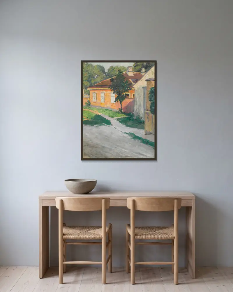 Haus In Hütteldorf (House In Hütteldorf) av Egon Schiele inramad på en vägg