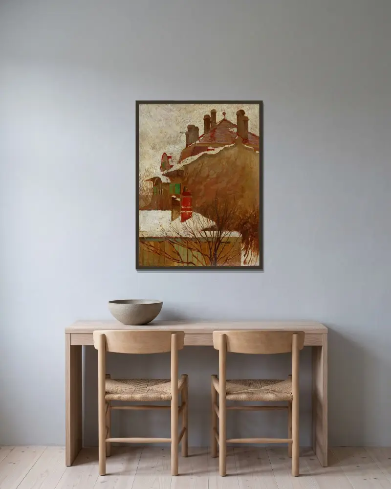 Domy v zimě (pohled z ateliéru), Egon Schiele v rámu na stěně