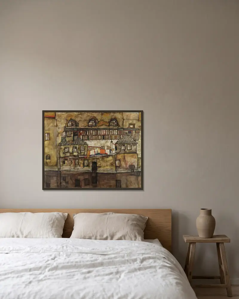 Hauswand am Fluss von Egon Schiele gerahmt an einer Wand
