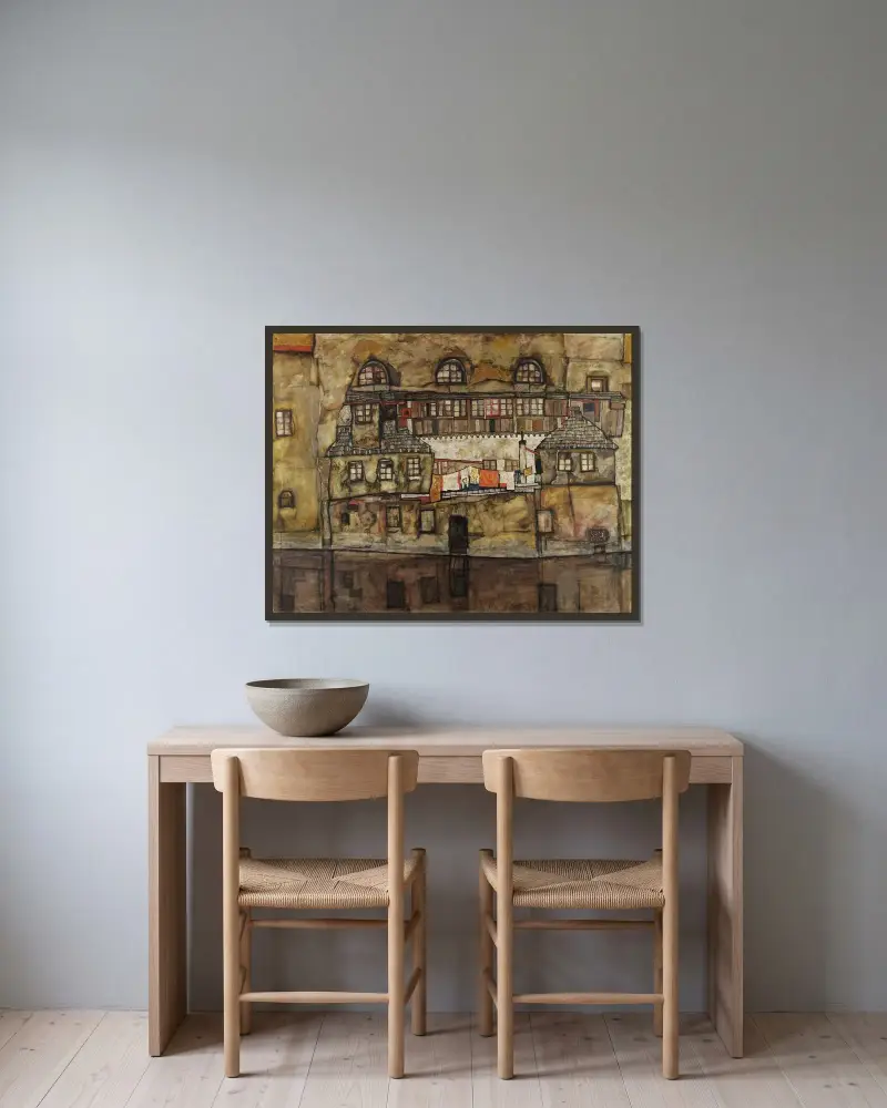 Hauswand am Fluss von Egon Schiele gerahmt an einer Wand