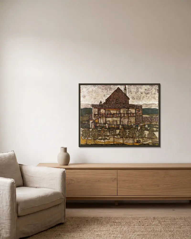 Dům se šindelovou střechou (Starý dům II), Egon Schiele v rámu na stěně