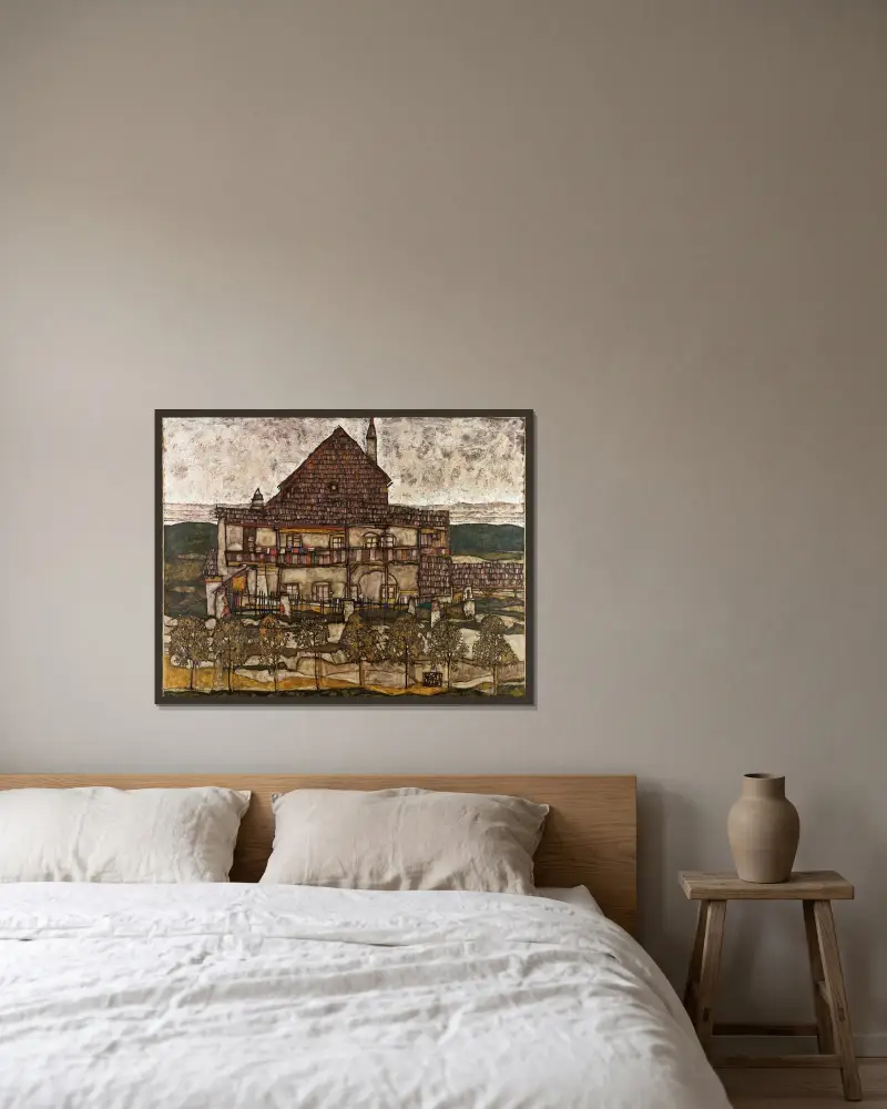 Dům se šindelovou střechou (Starý dům II), Egon Schiele v rámu na stěně