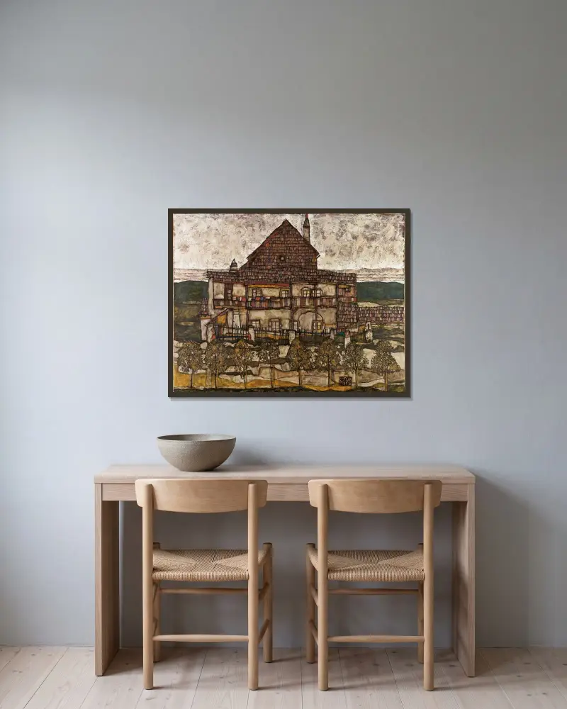 Dům se šindelovou střechou (Starý dům II), Egon Schiele v rámu na stěně