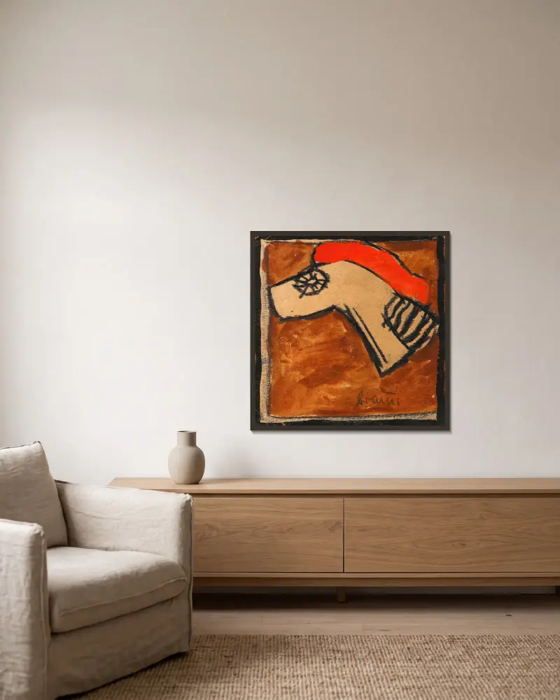 Hlavová část koňského postroje, Egon Schiele v rámu na stěně