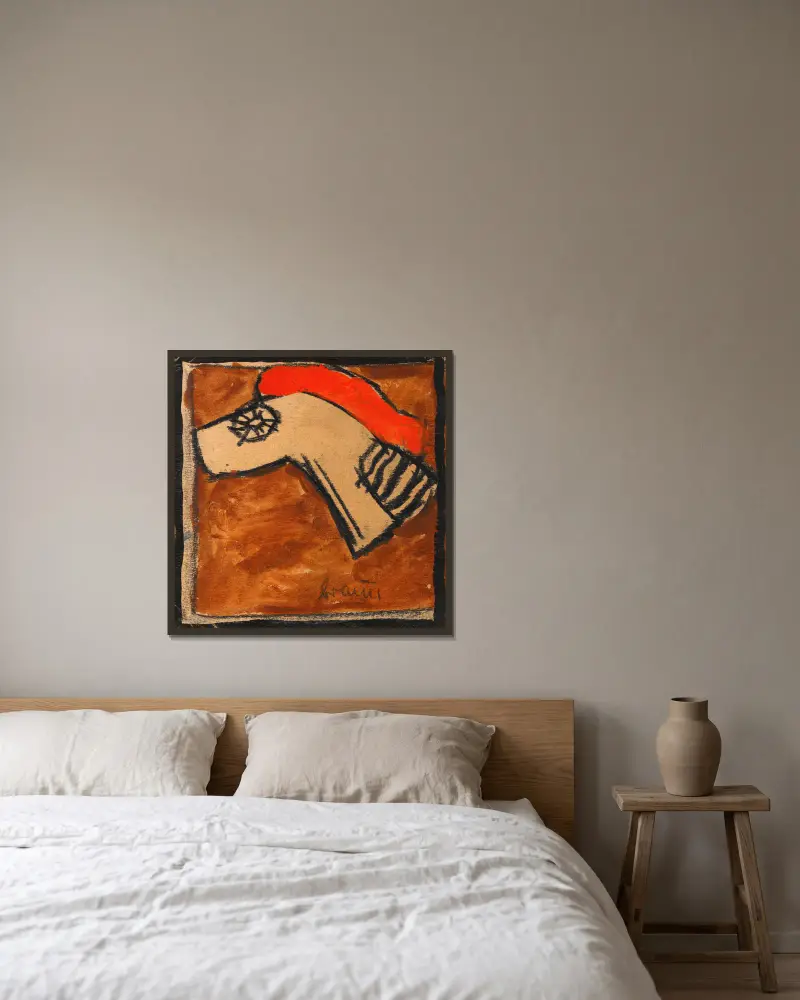 Hlavová část koňského postroje, Egon Schiele v rámu na stěně