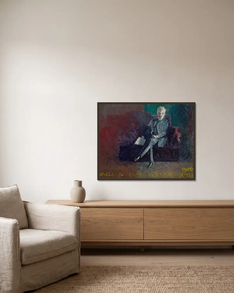 Leopold Czihaczek, auf rotem Sofa sitzend av Egon Schiele inramad på en vägg