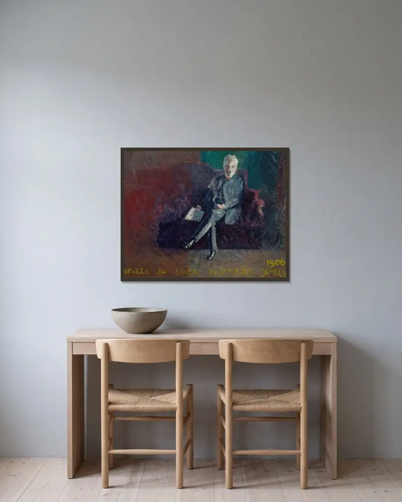 Leopold Czihaczek, auf rotem Sofa sitzend av Egon Schiele inramad på en vägg