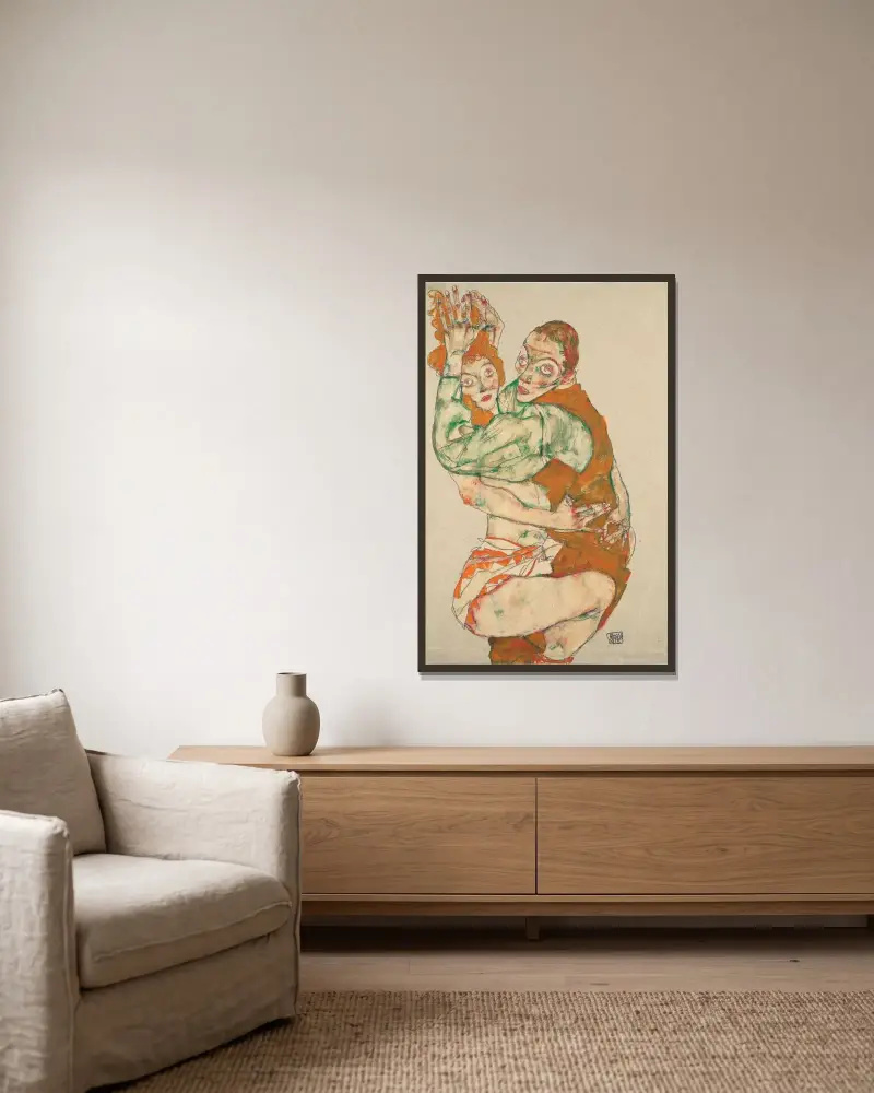 Liebespaar, 1915 von Egon Schiele gerahmt an einer Wand