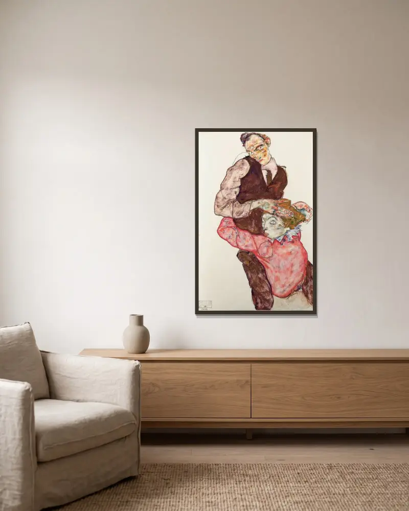 Milenci, 1914, Egon Schiele v rámu na stěně