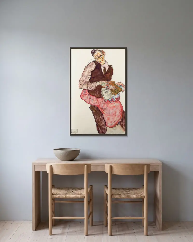 Milenci, 1914, Egon Schiele v rámu na stěně