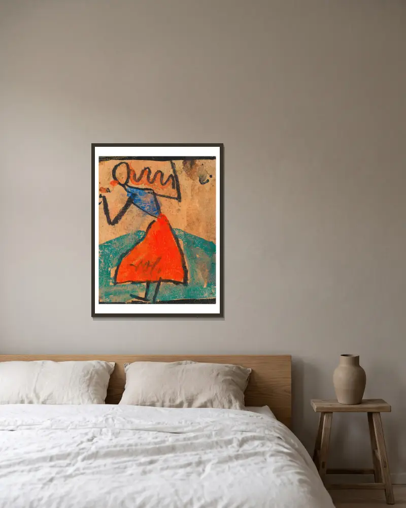 Mädchen mit rotem Rock von Egon Schiele gerahmt an einer Wand
