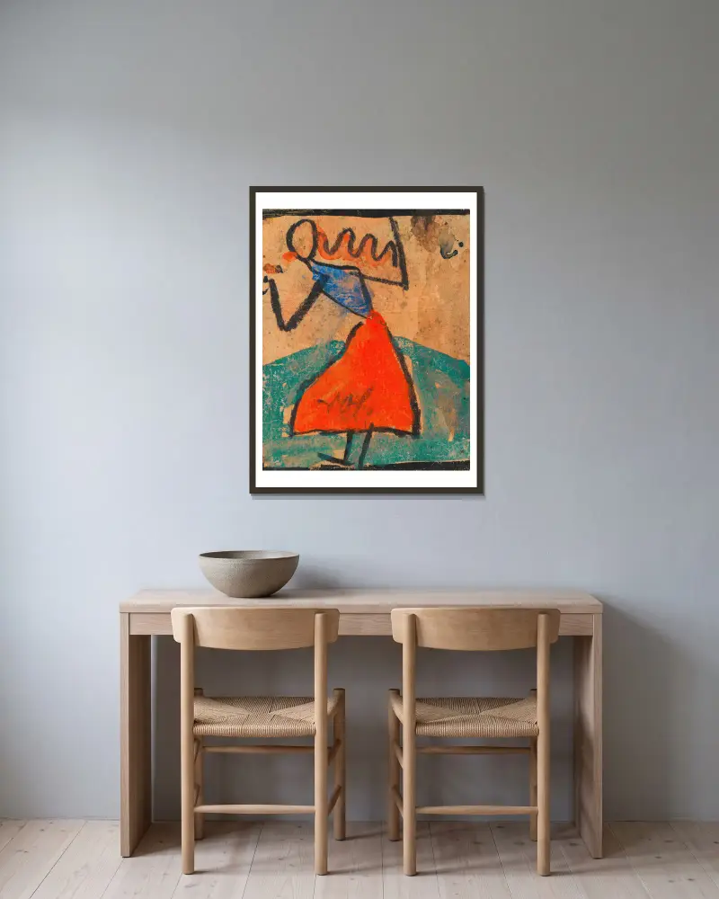 Mädchen mit rotem Rock von Egon Schiele gerahmt an einer Wand
