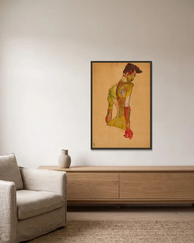 Male Nude in Profile Facing Right av Egon Schiele inramad på en vägg