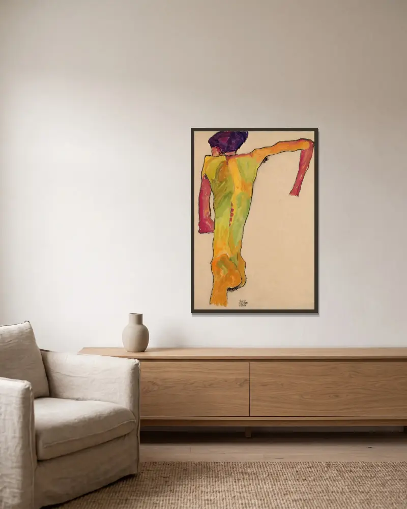 Männlicher Akt, sich aufstützend von Egon Schiele gerahmt an einer Wand