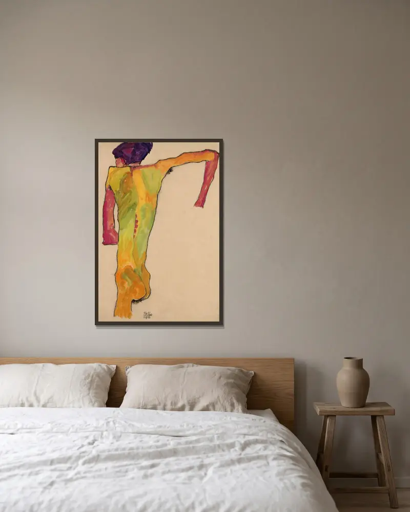 Männlicher Akt, sich aufstützend von Egon Schiele gerahmt an einer Wand