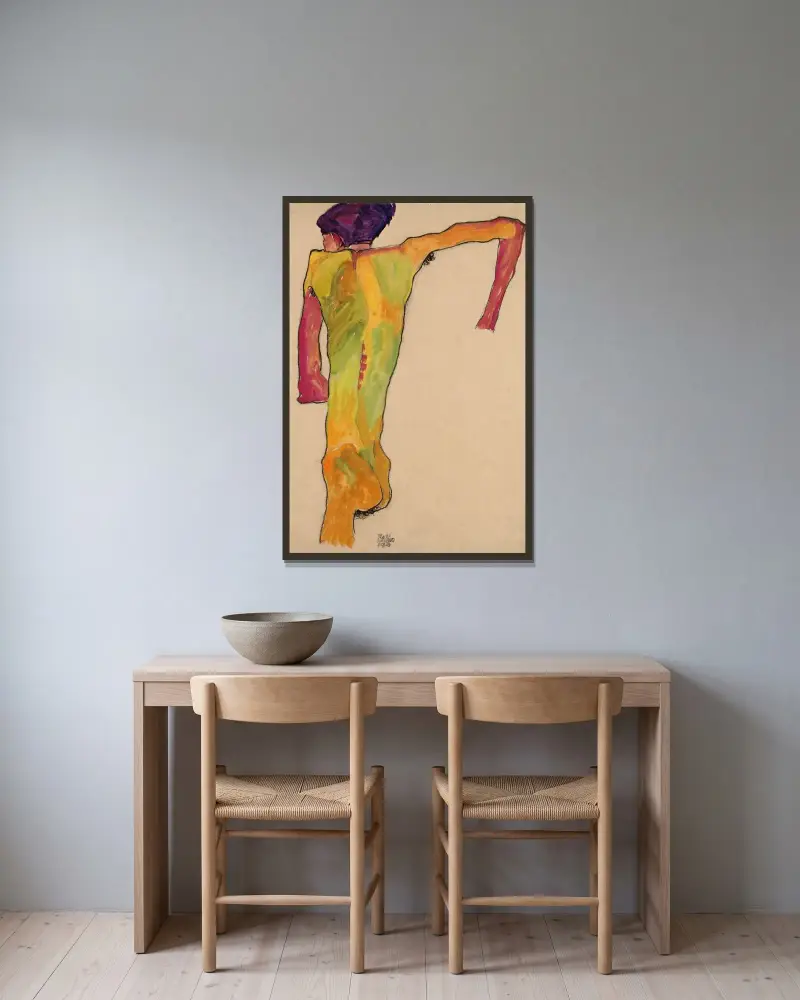 Männlicher Akt, sich aufstützend von Egon Schiele gerahmt an einer Wand