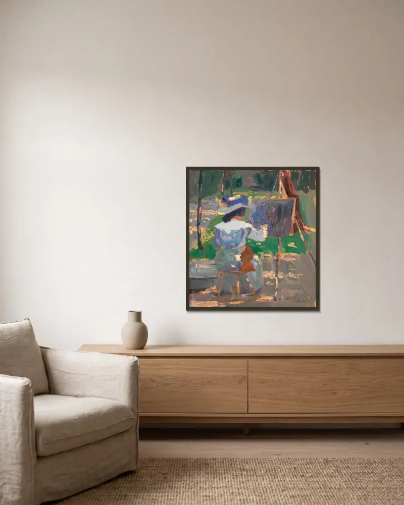 Malende Frau von Egon Schiele gerahmt an einer Wand