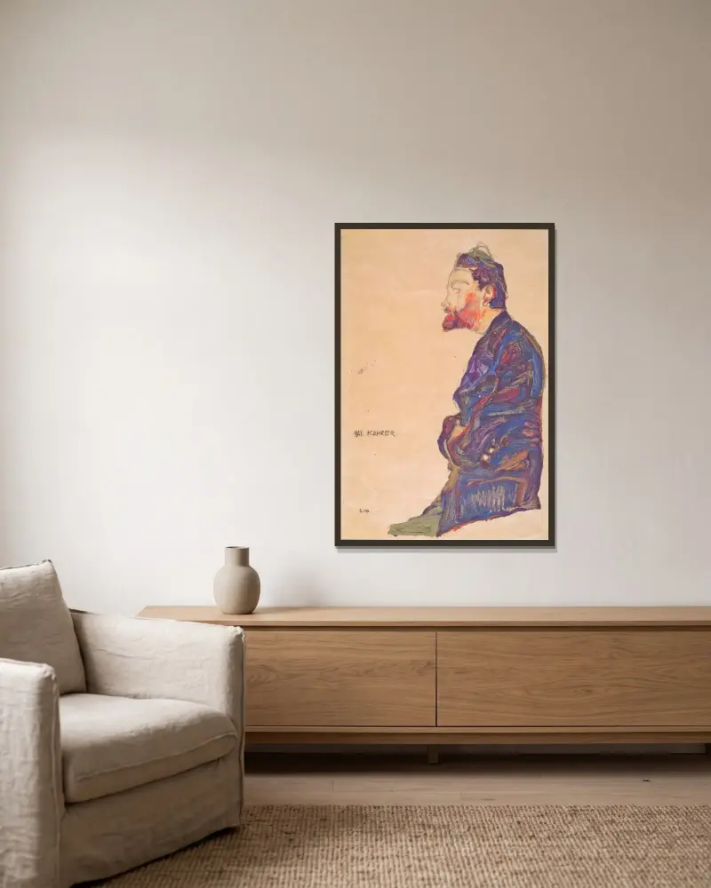 Max Kahrer v profilu, Egon Schiele v rámu na stěně