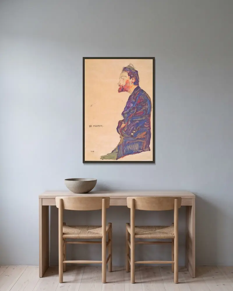 Max Kahrer v profilu, Egon Schiele v rámu na stěně