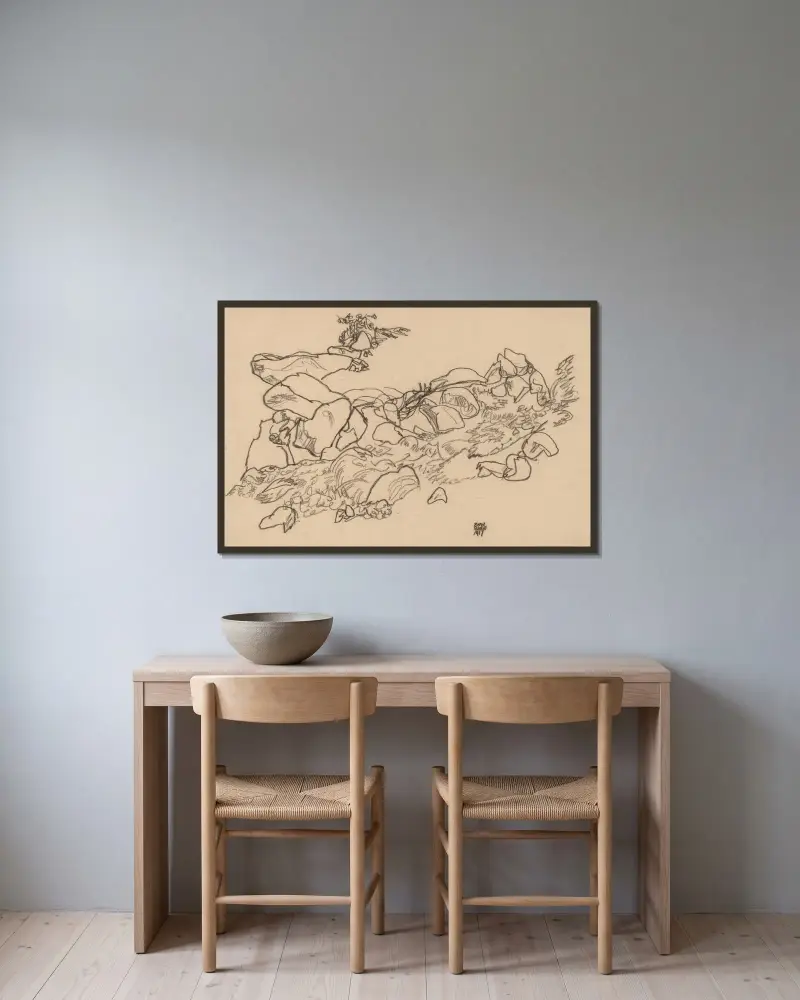 Gebirgsbach von Egon Schiele gerahmt an einer Wand