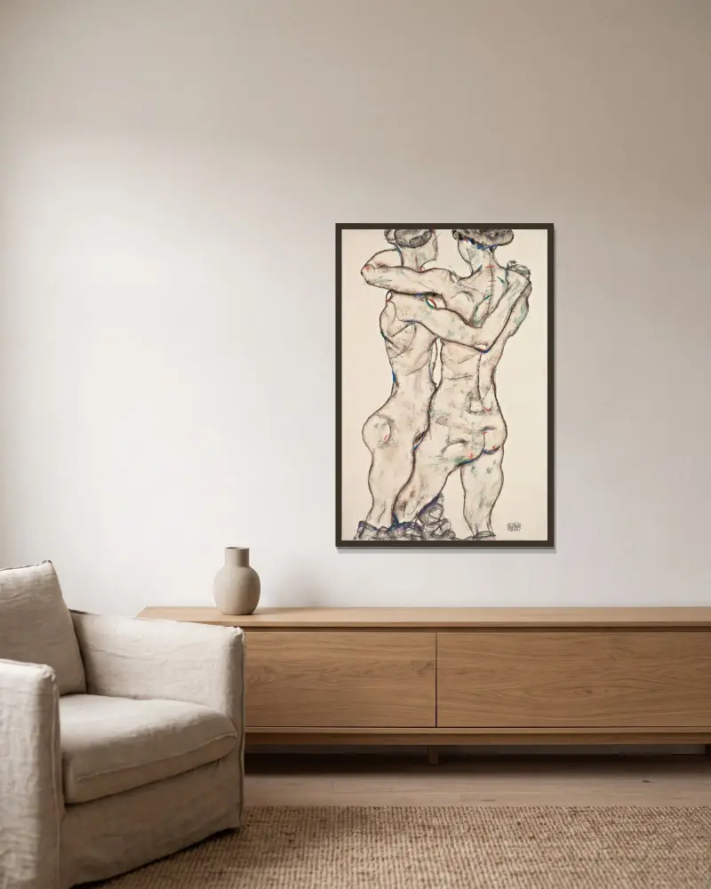 Naked Girls Embracing av Egon Schiele inramad på en vägg