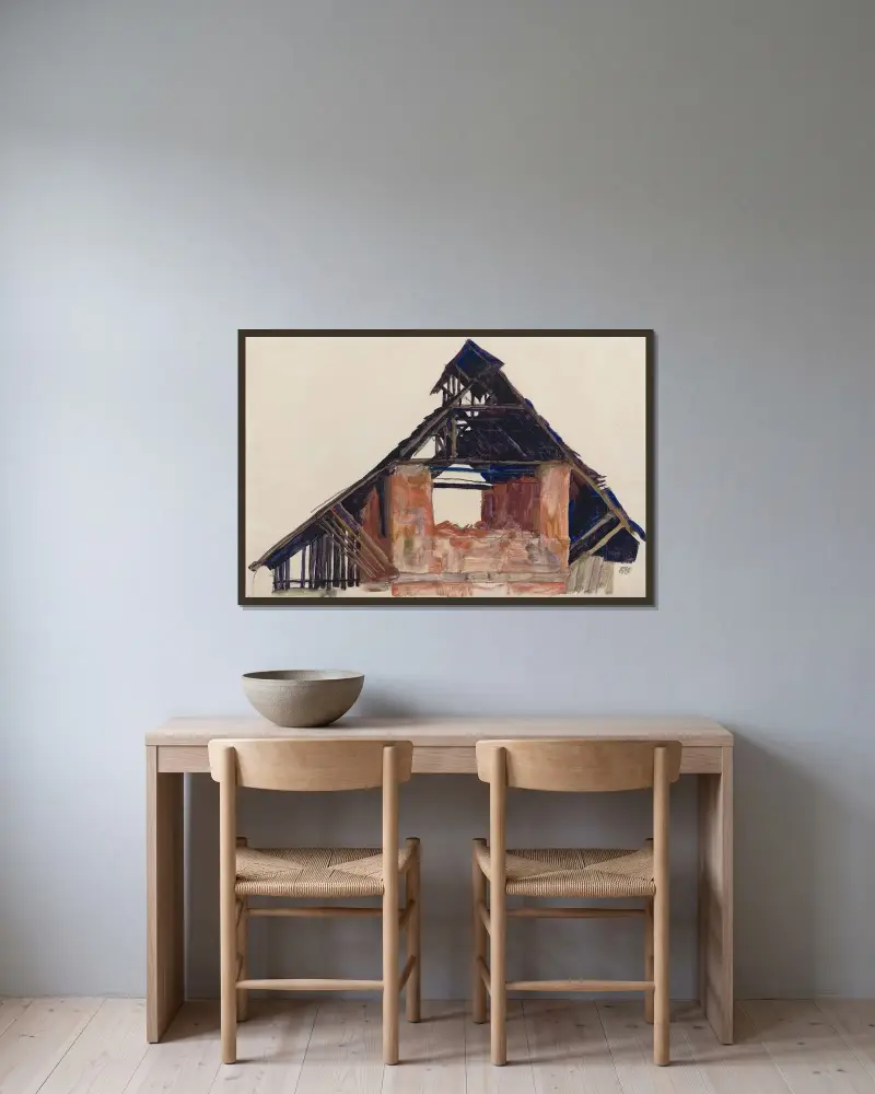 Alter Giebel von Egon Schiele gerahmt an einer Wand