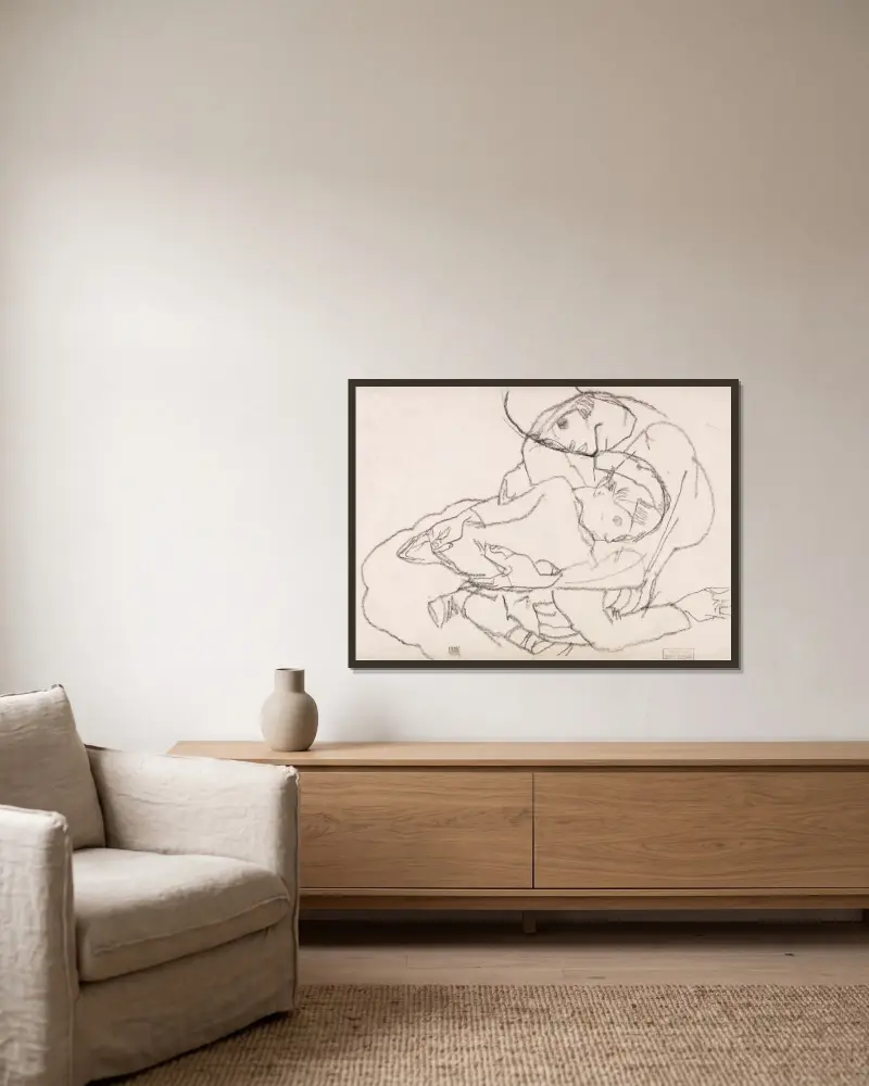 Paar in Umarmung av Egon Schiele inramad på en vägg