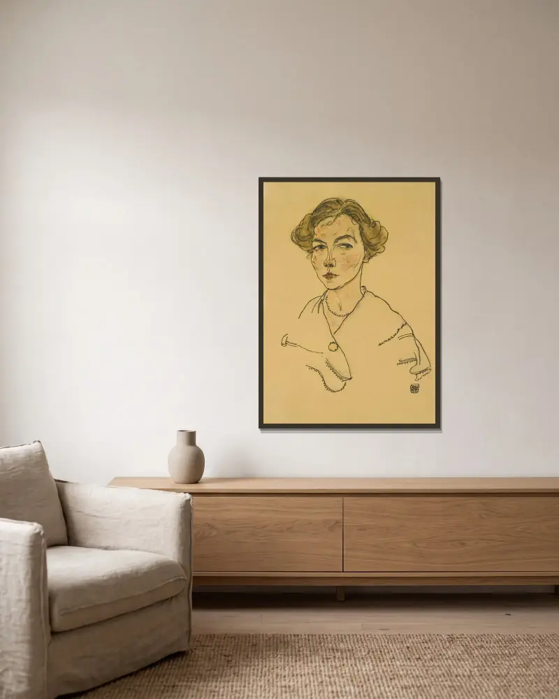 Porträt einer Frau (Lilly Steiner) von Egon Schiele gerahmt an einer Wand