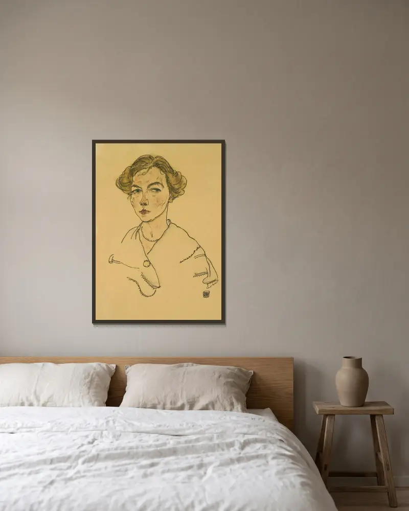 Porträt einer Frau (Lilly Steiner) von Egon Schiele gerahmt an einer Wand