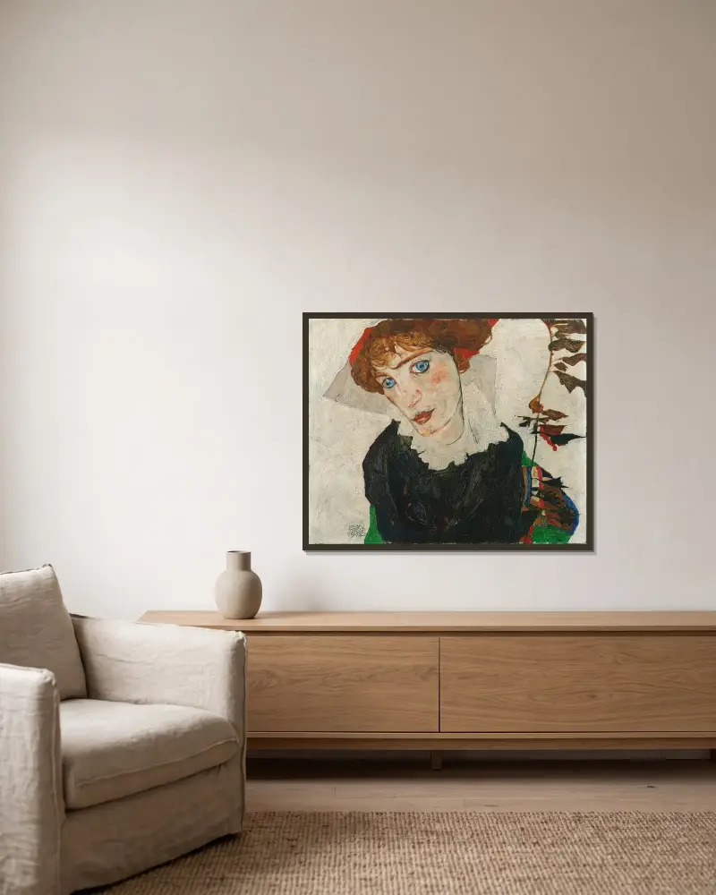 Portrait Of Wally Neuzil av Egon Schiele inramad på en vägg