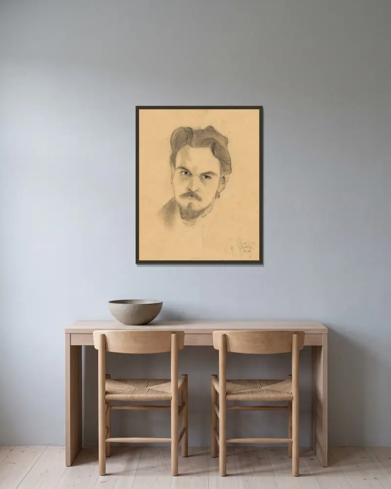 Porträtstudie Anton Peschka av Egon Schiele inramad på en vägg