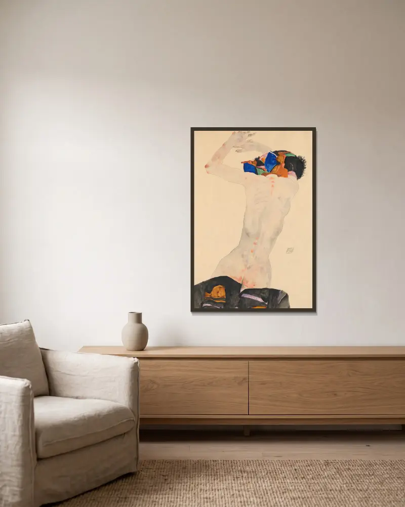 Rückenakt mit buntem Tuch av Egon Schiele inramad på en vägg
