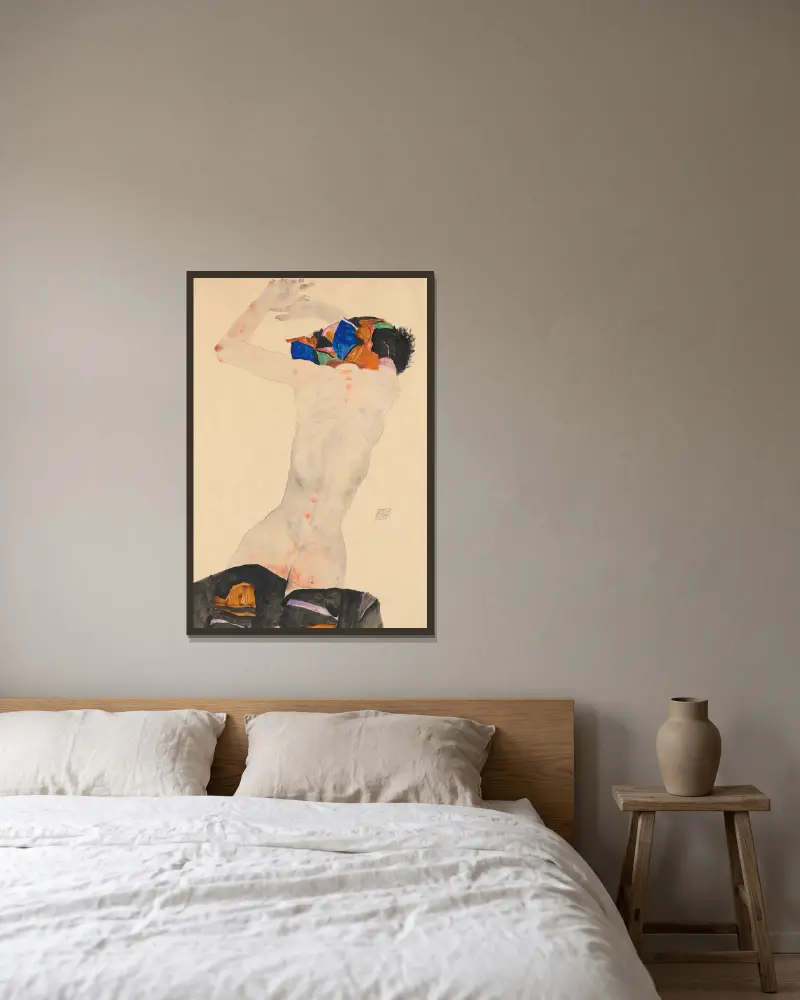 Rückenakt mit buntem Tuch av Egon Schiele inramad på en vägg