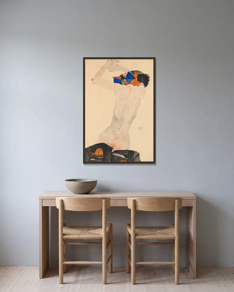 Rückenakt mit buntem Tuch av Egon Schiele inramad på en vägg