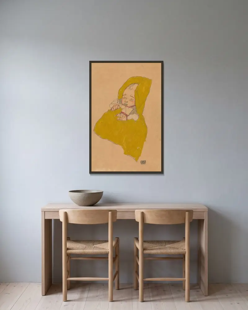 Säugling im Wickelpolster av Egon Schiele inramad på en vägg