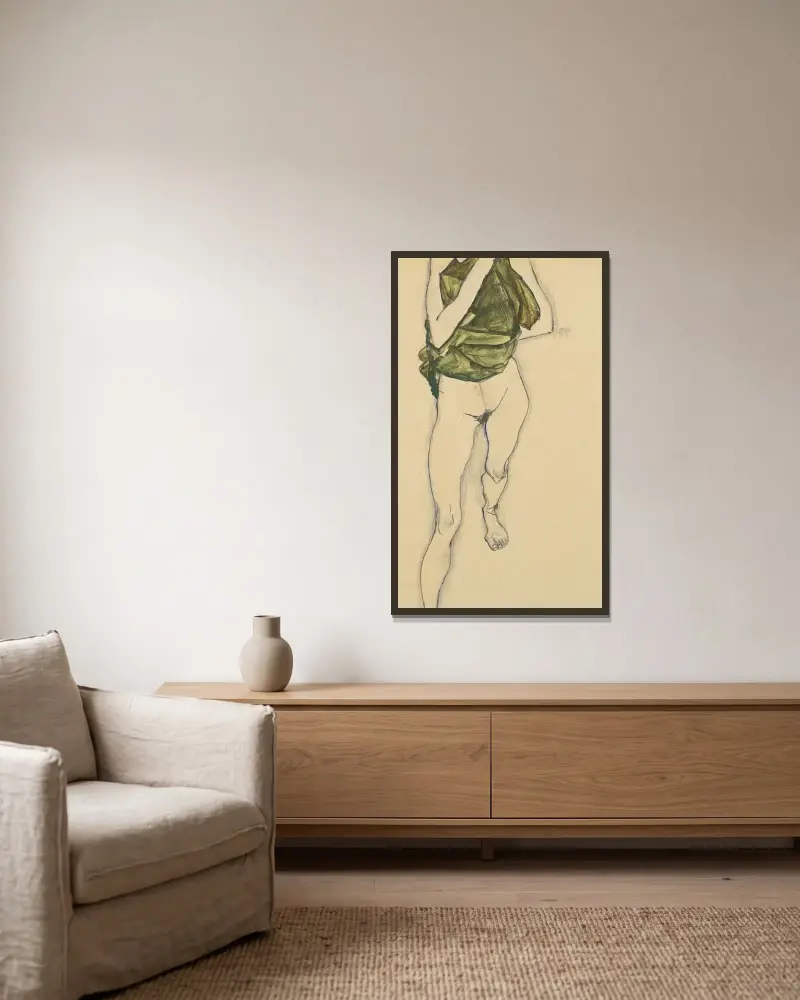 Schreitender Torso in Grünem Hemd (Striding Torso in Green Blouse) av Egon Schiele inramad på en vägg