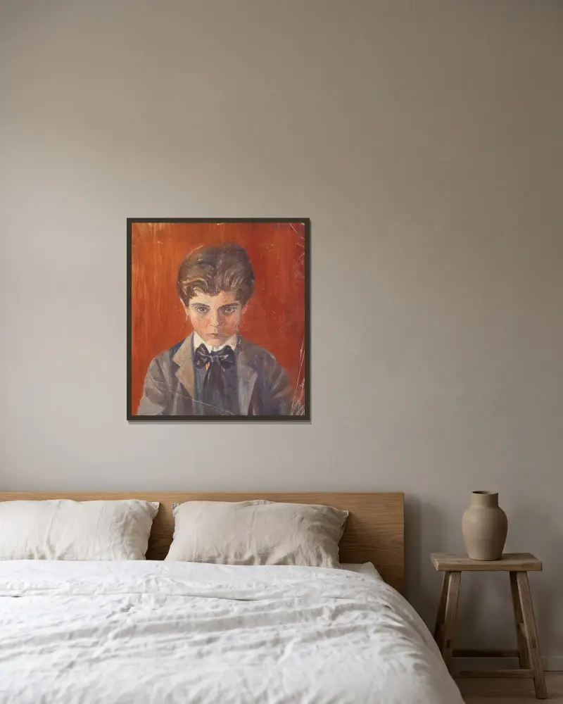 Selbstbildnis vor rotem Hintergrund av Egon Schiele inramad på en vägg
