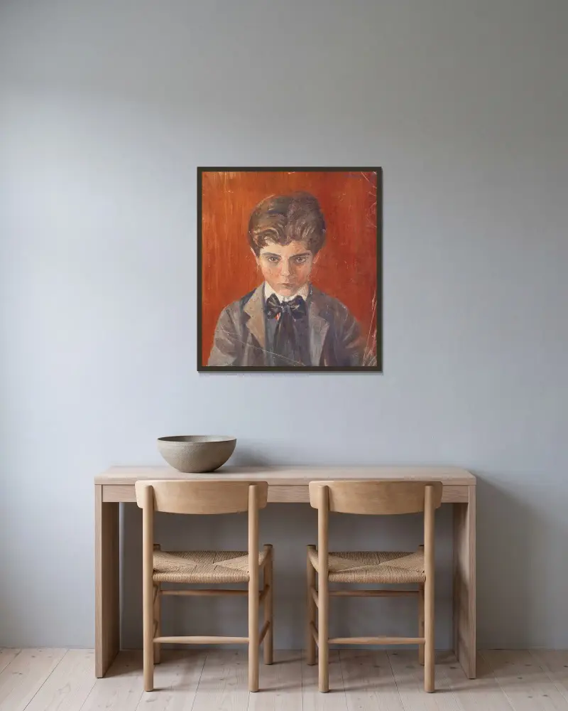 Selbstbildnis vor rotem Hintergrund av Egon Schiele inramad på en vägg