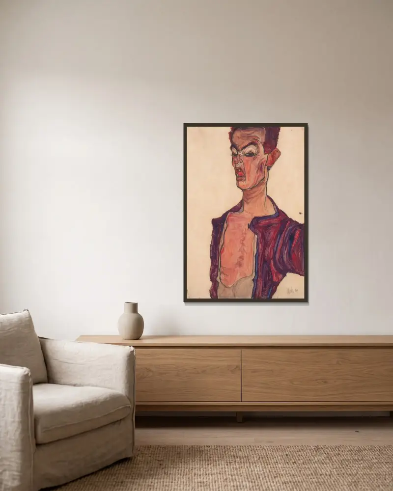 Autoportrét, šklebení, Egon Schiele v rámu na stěně