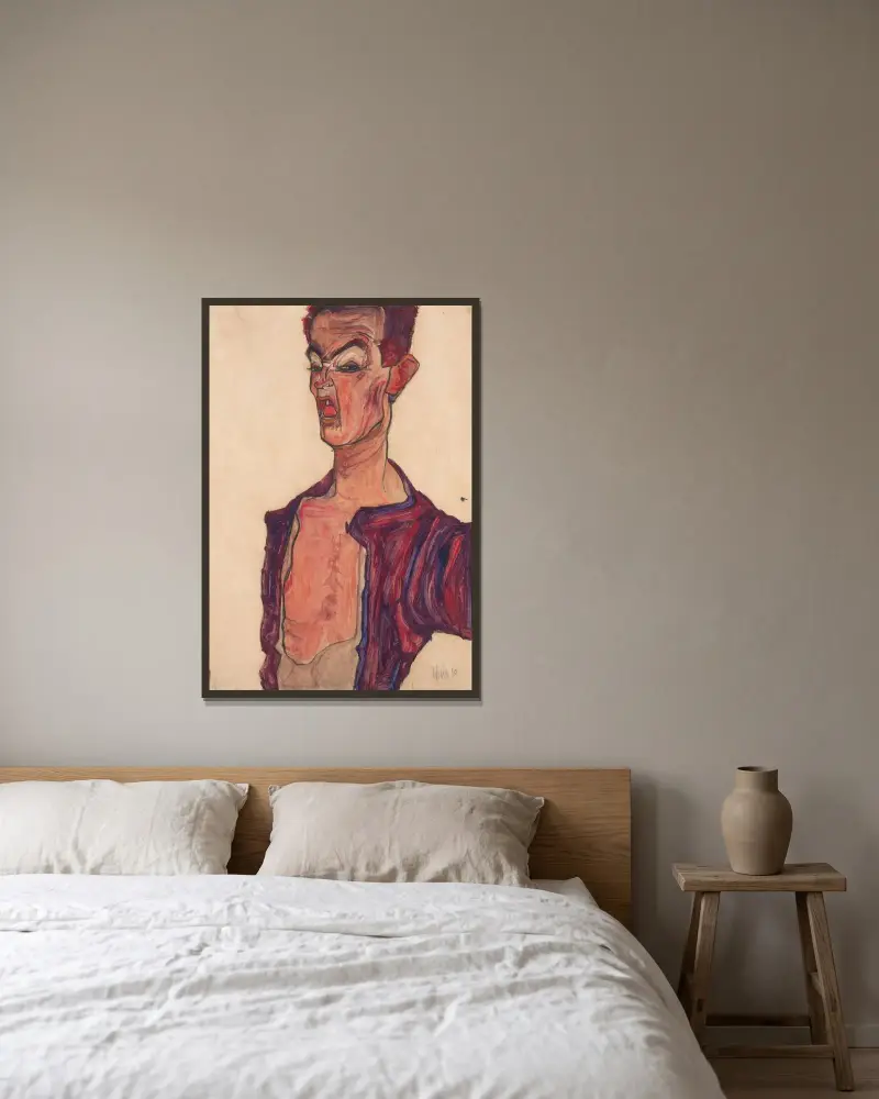 Autoportrét, šklebení, Egon Schiele v rámu na stěně