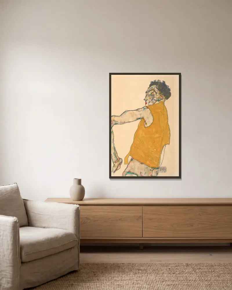 Self-Portrait In Yellow Vest, 1914 av Egon Schiele inramad på en vägg
