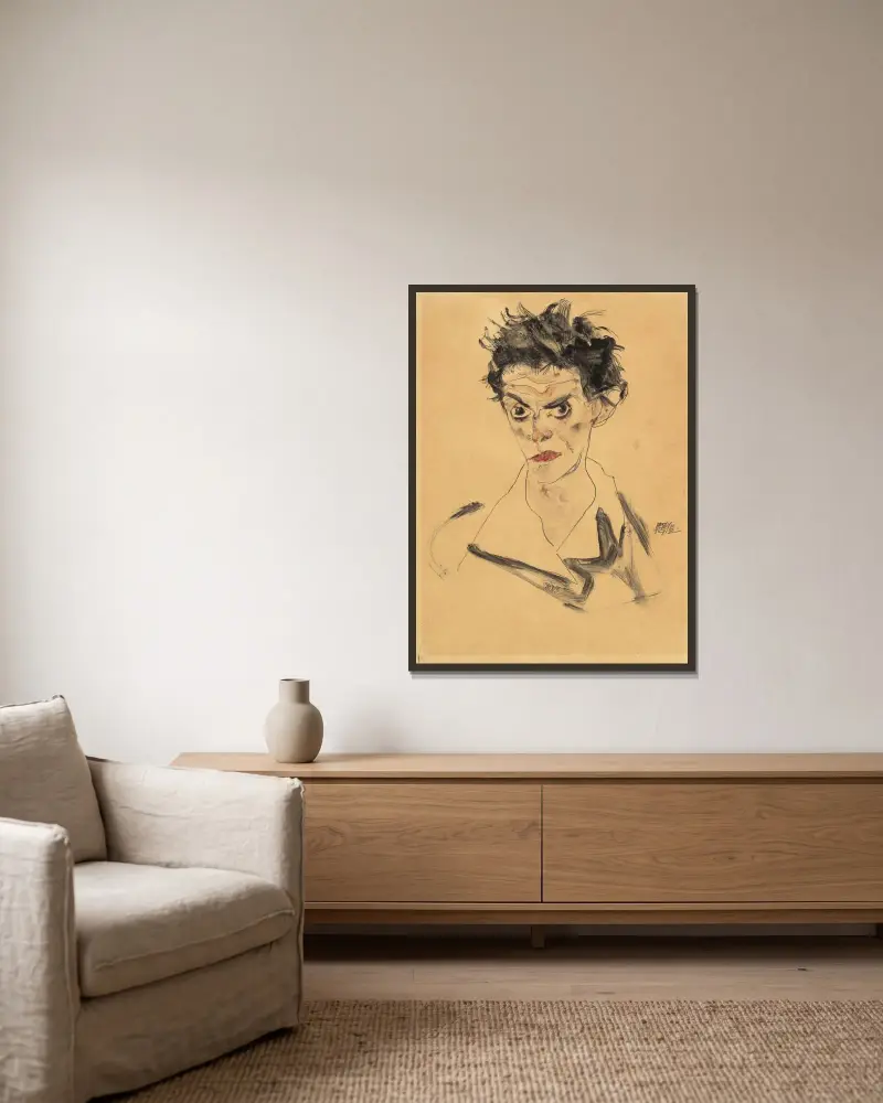 Autoportrét, 1912, Egon Schiele v rámu na stěně