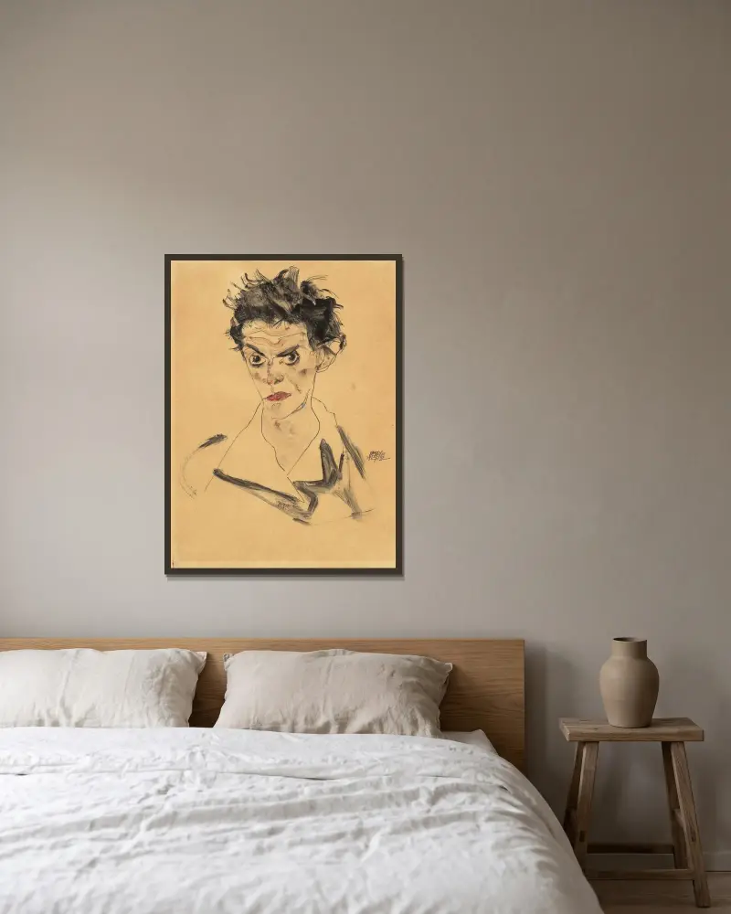 Autoportrét, 1912, Egon Schiele v rámu na stěně