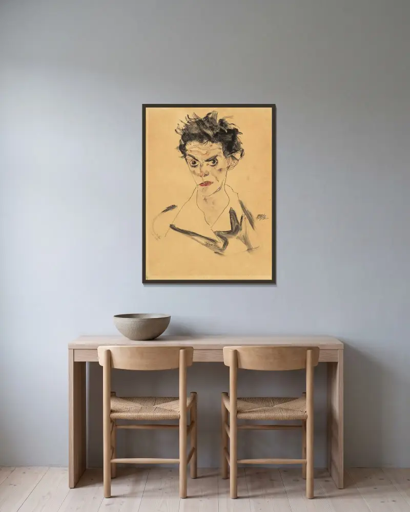 Autoportrét, 1912, Egon Schiele v rámu na stěně